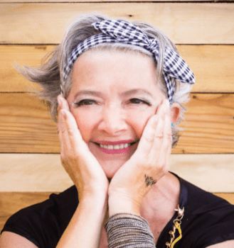 woman with bandana tied around her head